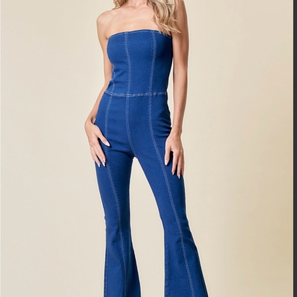 Chic Strapless Blue Flare Jumpsuit